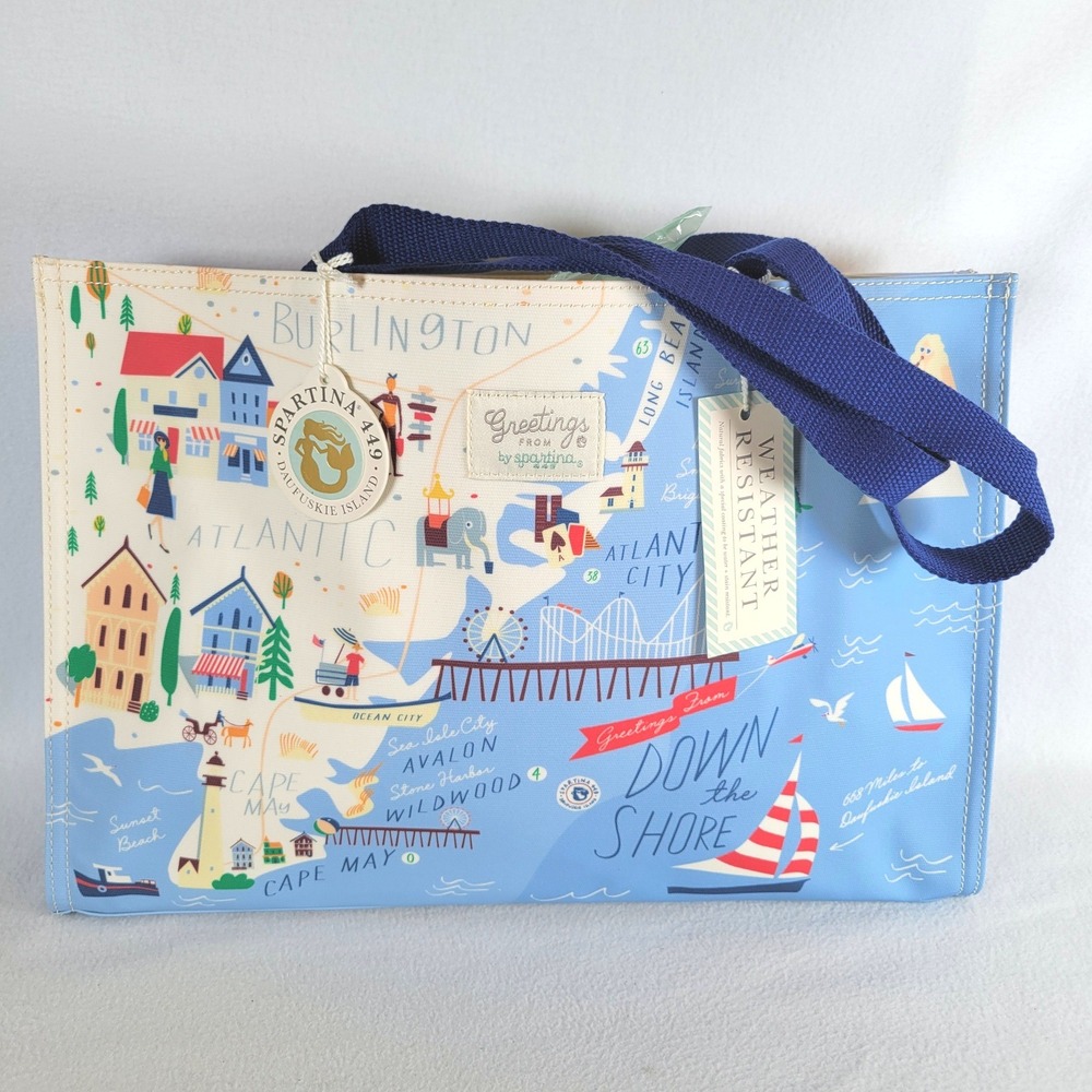 Spartina 449 Womens Greetings From New Jersey Map Market Large Tote Bag Blue